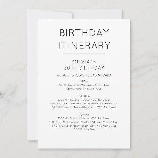 Elegant Weekend Birthday Itinerary Uitnodiging (Voorkant)