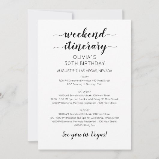 Elegant Weekend Birthday Itinerary Uitnodiging (Voorkant)