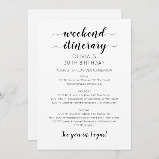 Elegant Weekend Birthday Itinerary Uitnodiging (Voorkant / Achterkant)