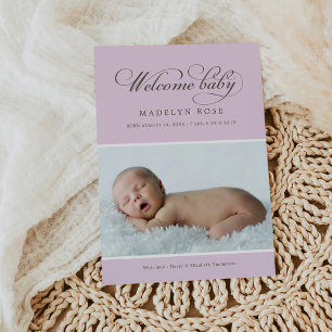 Elegant Welcome Baby Girl Lavender Foto Birth Aankondiging