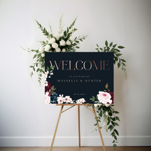 Elegant Welcome Roos Gold Burgundy & Navy Florals Poster