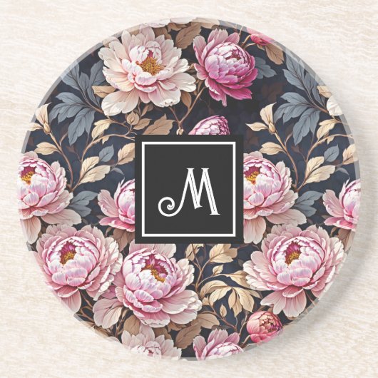 Elegant Welkom Blush Roze Pioen Bloemen Monogram Zandsteen Onderzetter (Voorkant)