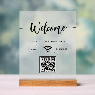 Elegant Welkom Script WIFI QR Code Matglas Acryl Bord