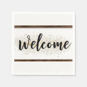 Elegant welkomstbord in zwart script met glitter servet