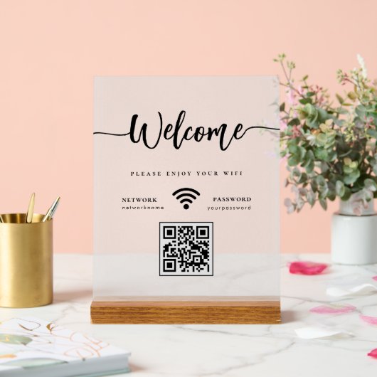 Elegant welkomstscript WIFI QR Code Frosted Acryl Bord (Huwelijk)