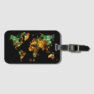Elegant Wereldkaart Waterverf Monogram schilderen Bagagelabel