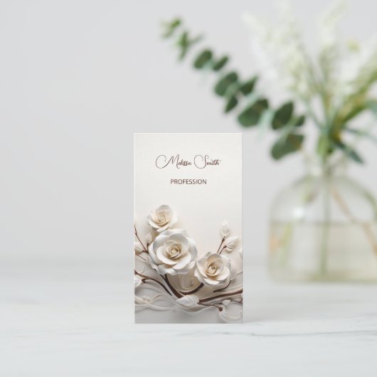 Elegant White 3D Roses Visitekaartje (Staand voorkant)