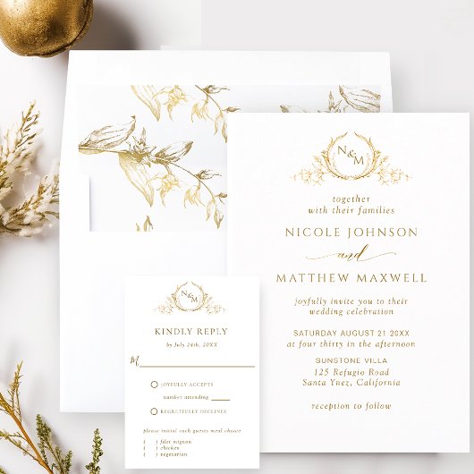 Elegant White and Gold Monogram Wedding Invitation Kaart