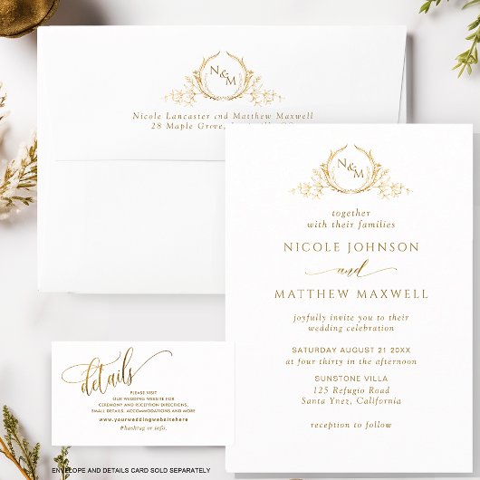 Elegant White and Gold Monogram Wedding Invitation Kaart