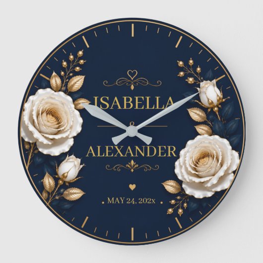 Elegant White and Gold Rose on Navy Blue Grote Klok (Voorkant)