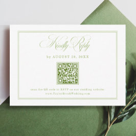 Elegant White and Green Wedding RSVP Qr Code  Informatiekaartje