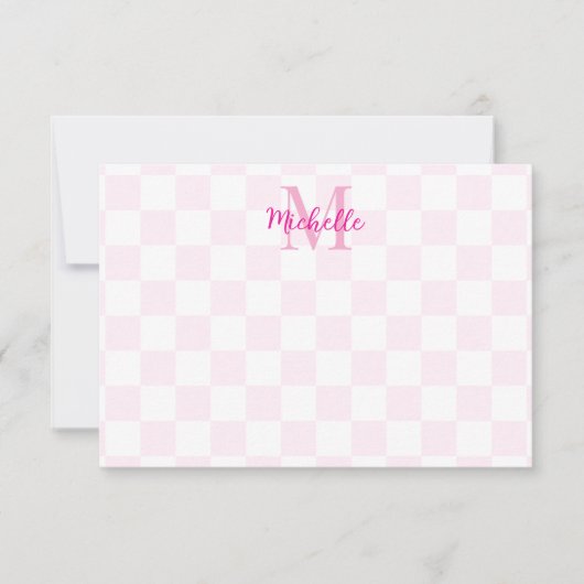 Elegant White and Pink Checkerboard Personalized Notitiekaartje (Voorkant)