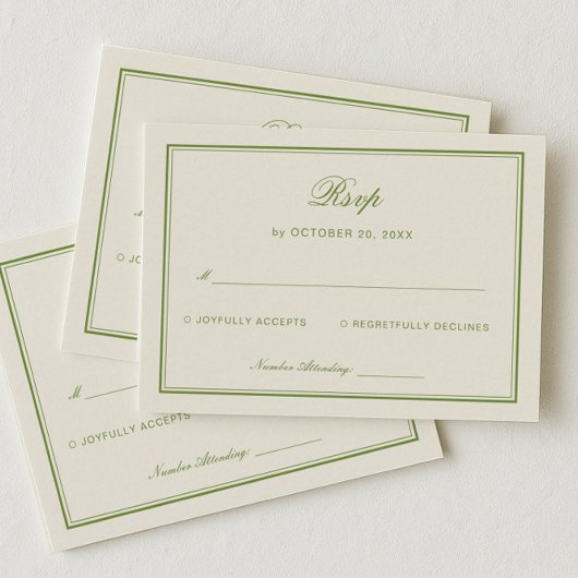 Elegant White and Sage Green Wedding Response Informatiekaartje