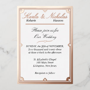 Elegant White Art Deco Wedding. Roos Gold Foil Inv Folie Uitnodiging