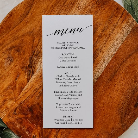 Elegant White & Black Calligraphy Dinner Menu Kaar
