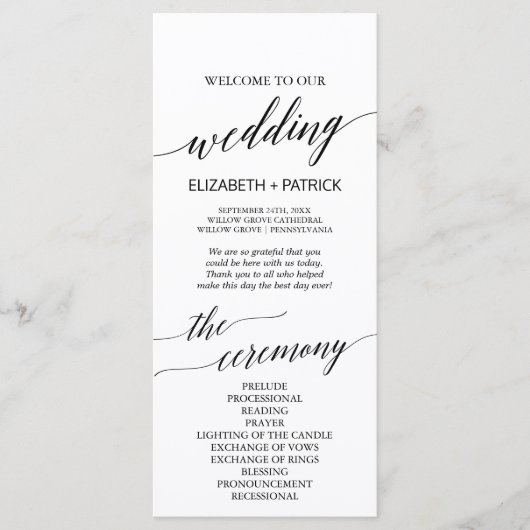 Elegant White & Black Calligraphy Wedding Programm Programma (Voorkant)