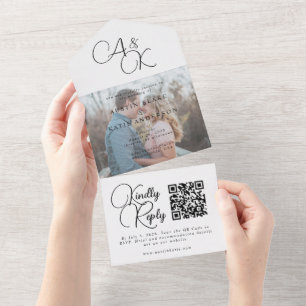 Elegant White Black Monogram Script Photo Weddensc All In One Uitnodiging