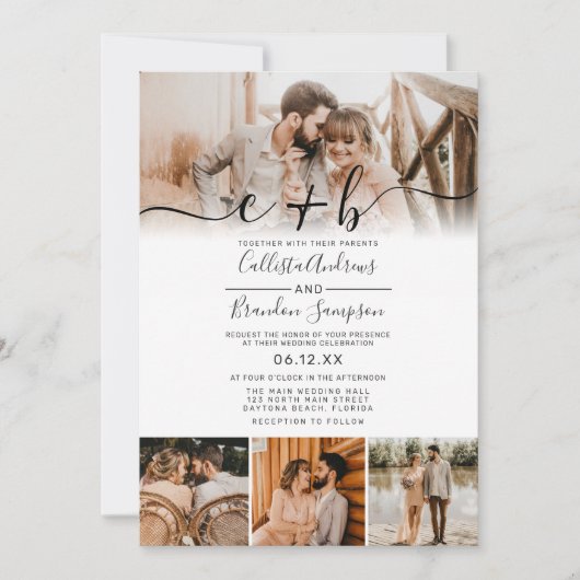 Elegant White Black Photo Monogram Weddenschap Inv Kaart (Voorkant)