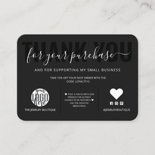 Elegant White Black Script Logo Klant Bedankt Visitekaartje (Voorkant)