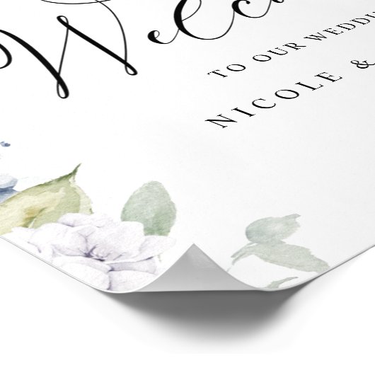 Elegant White Blue Floral Welkom Weddenschap Poster (Hoek)