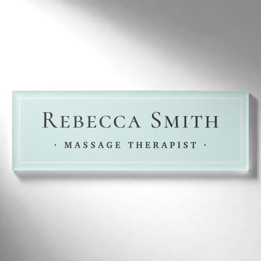 Elegant white border light aqua blue naambadge (Voorkant)