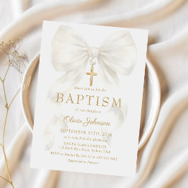 Elegant White Bow Baptism Girl Invitation Kaart