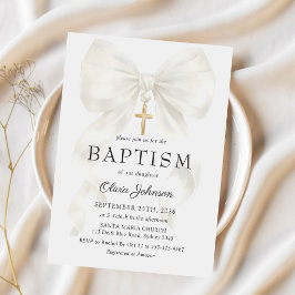 Elegant White Bow Baptism Girl Invitation Kaart