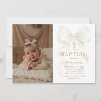 Elegant White Bow Baptism Girl Photo Invitation Kaart