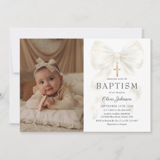 Elegant White Bow Baptism Girl Photo Invitation Kaart