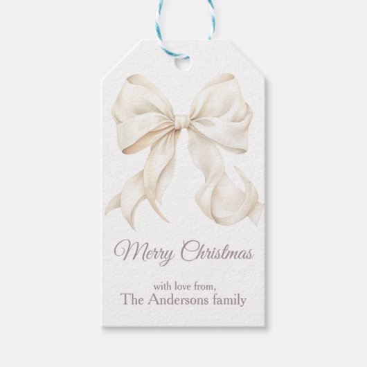 Elegant White Bow Merry Christmas  Cadeaulabel (Voorkant)