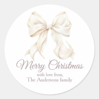 Elegant White Bow Merry Christmas Ronde Sticker