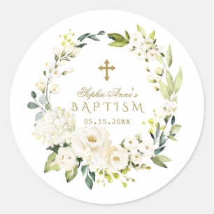 Elegant White Cream Flowers Gold Cross-Baptisme Ronde Sticker