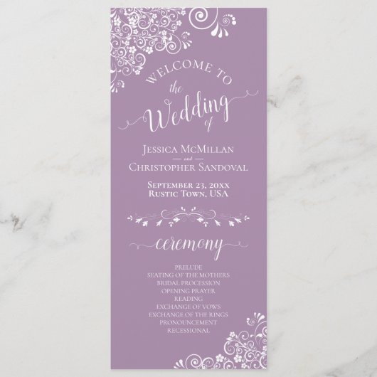 Elegant White Curls on Lavender Purple Wedding Programma (Voorkant)