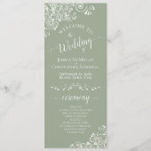 Elegant White Curls on Sage Green Fancy Wedding Programma (Voorkant)