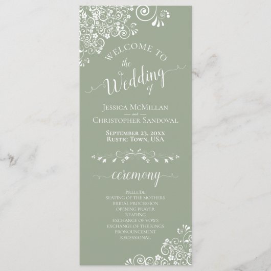 Elegant White Curls on Sage Green Fancy Wedding Programma (Voorkant)