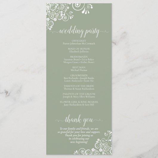 Elegant White Curls on Sage Green Fancy Wedding Programma (Achterkant)