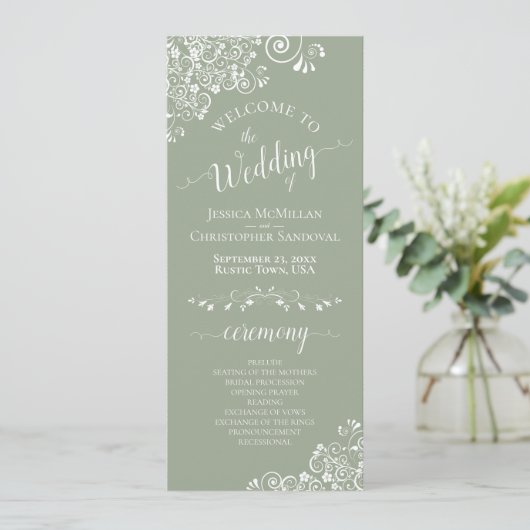 Elegant White Curls on Sage Green Fancy Wedding Programma (Staand voorkant)