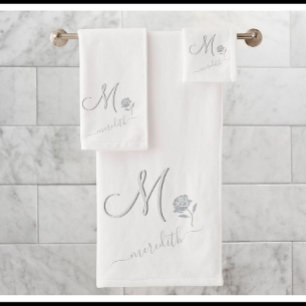 Elegant White Custom Monogram Name Flower Bad Handdoek