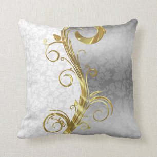 Elegant White Damasks Gold- en zilveren Zwirls Kussen