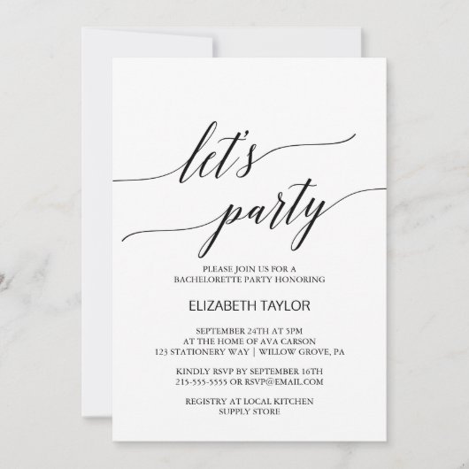 Elegant White en Black Calligraphy Let's Party Kaart (Voorkant)