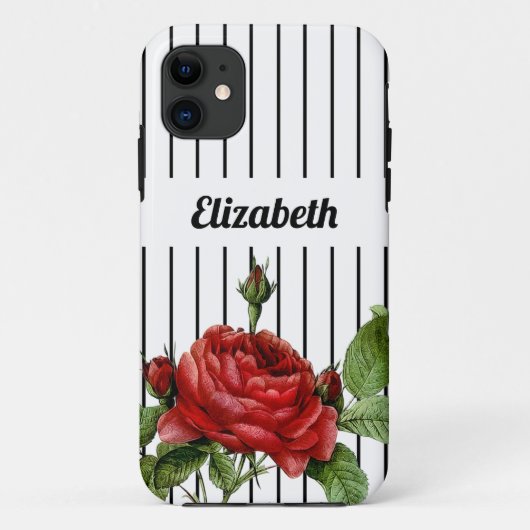 Elegant White en Black Pinstripe Rozen en naam Case-Mate iPhone Case (Achterkant)