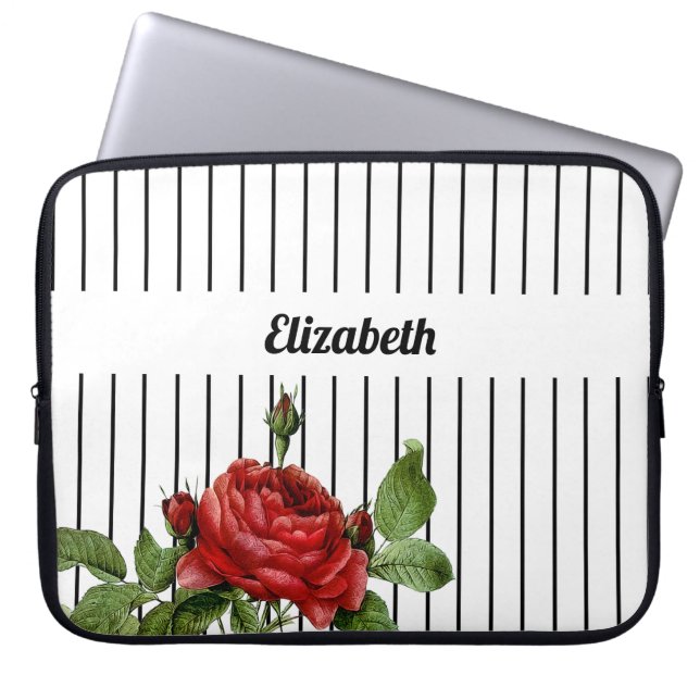 Elegant White en Black Pinstripe Rozen en naam Laptop Sleeve (Voorkant)