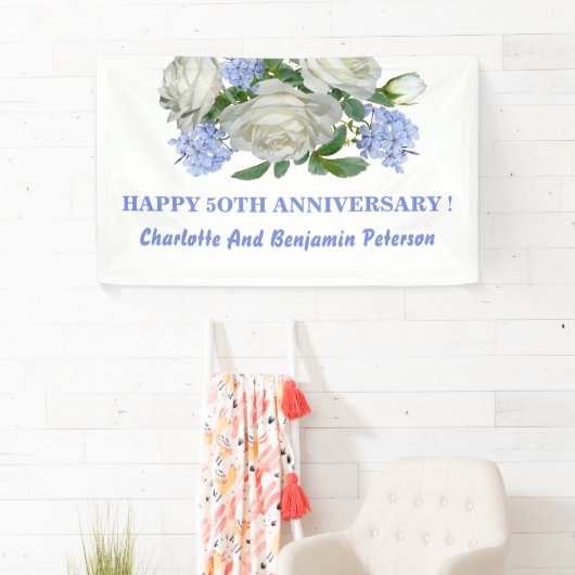 Elegant White en Blue Floral 50th Jubileum Spandoek (Insitu)