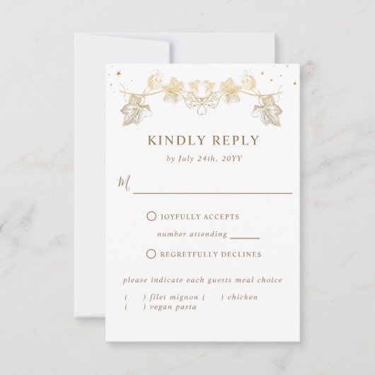 Elegant White en Gold Celestial RSVP met maaltijde (Voorkant)
