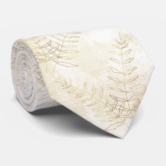 Elegant White en Gold Fern Leaf Wedding Stropdas (Opgerold)