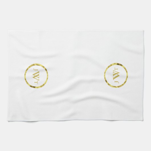 Elegant White en Gold Monogramed Text Theedoek (Horizontaal)