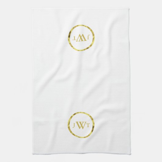 Elegant White en Gold Monogramed Text Theedoek (Verticaal)