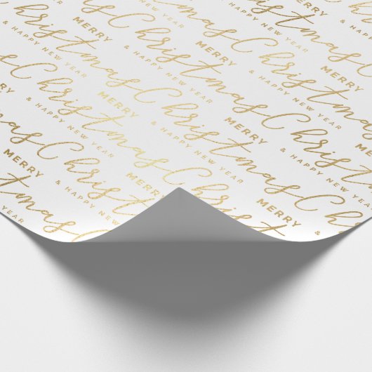 Elegant White en Gold Script Merry-kersttekst Cadeaupapier (Hoek)