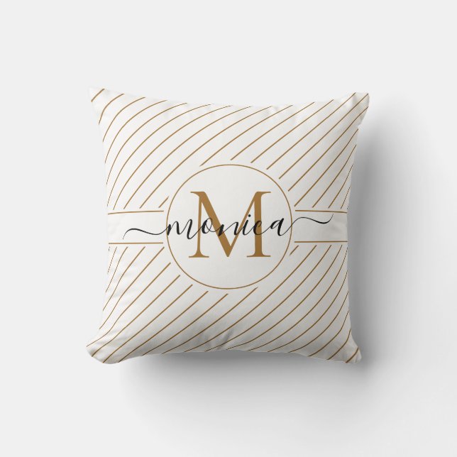Elegant White en Gold Striped Monogram Name Kussen (Voorkant)