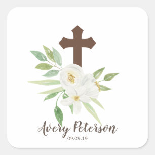 Elegant White en Green Floral Cross Heilige Commun Vierkante Sticker